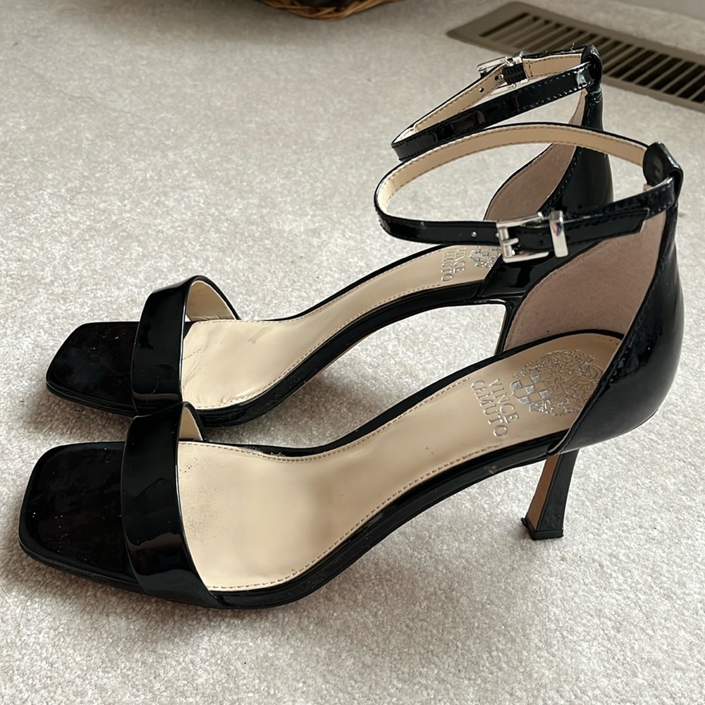 Vince Camuto black patent leather, square toe, ankle strap heels. 9.5 Worn once!